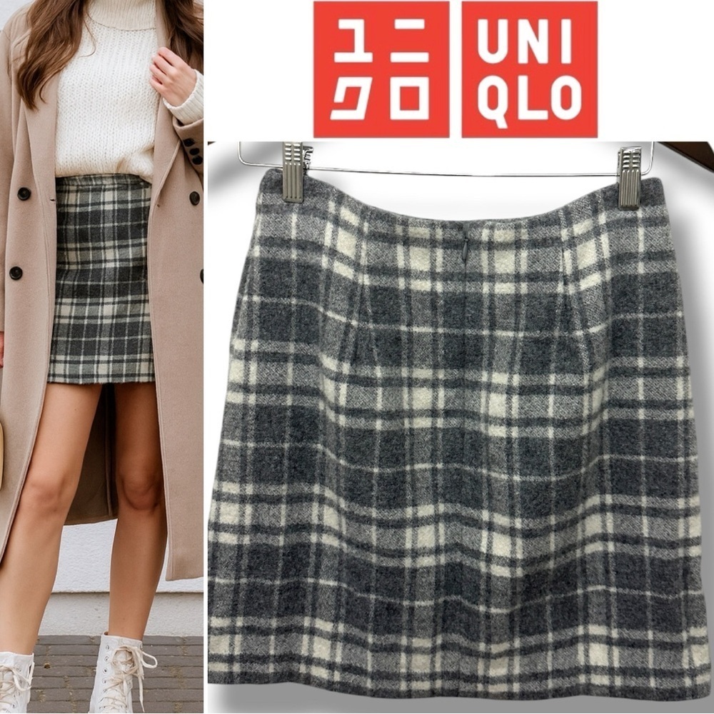 425 UNIQLO | EUC Gray Wool Blend Plaid Mini Skirt with Lining (Size 2)